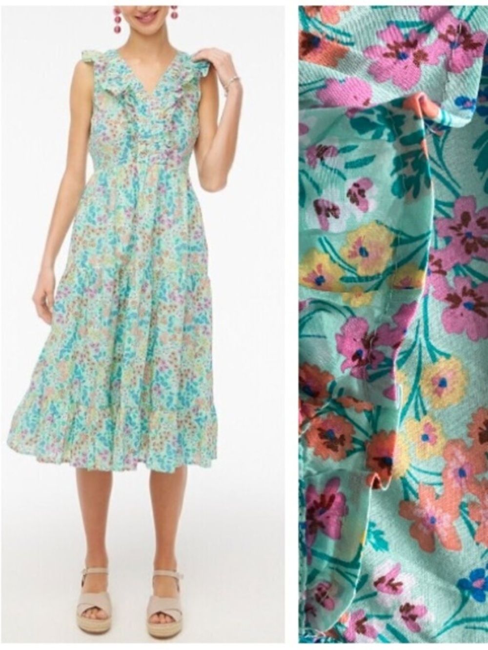 J.Crew Fresh Spearmint Green Floral Smocked Ruffle Neck Midi Dress 2